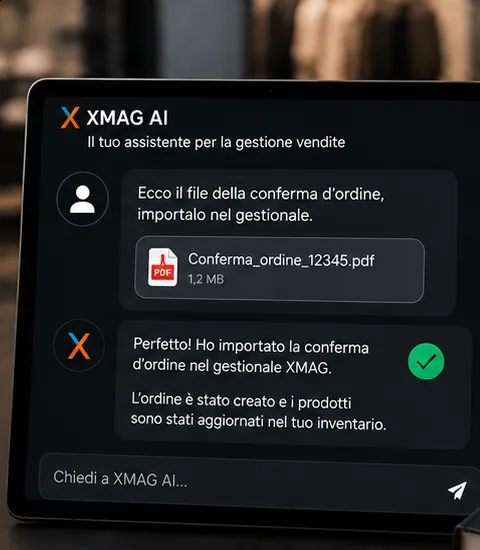 Chat XMAG AI che importa una conferma d'ordine nel gestionale